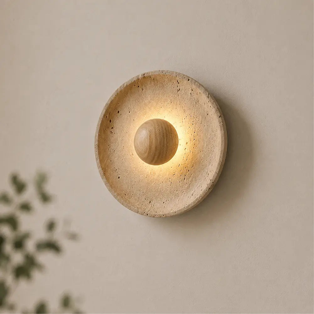 Applique murale design disque en travertin & bois LED | Stona