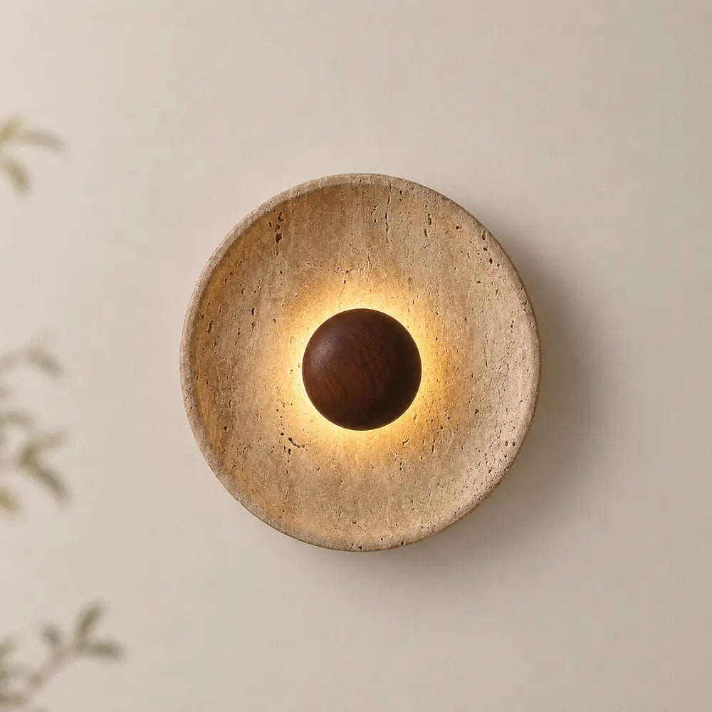 Applique murale design disque en travertin & bois LED | Stona