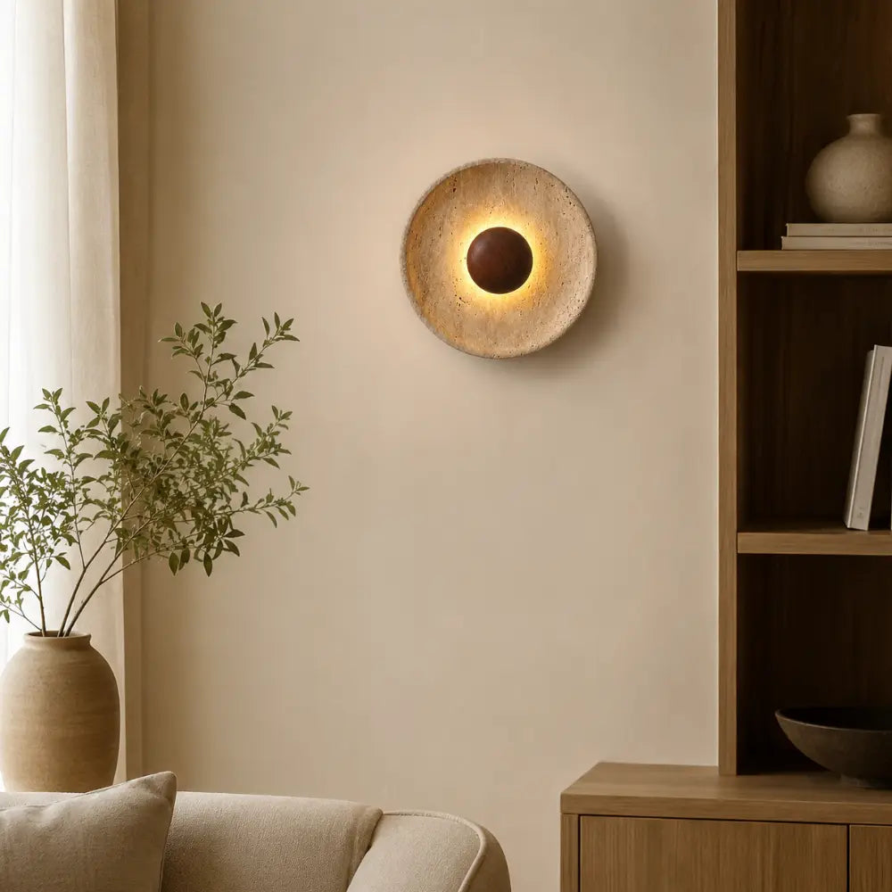 Applique murale design disque en travertin & bois LED | Stona