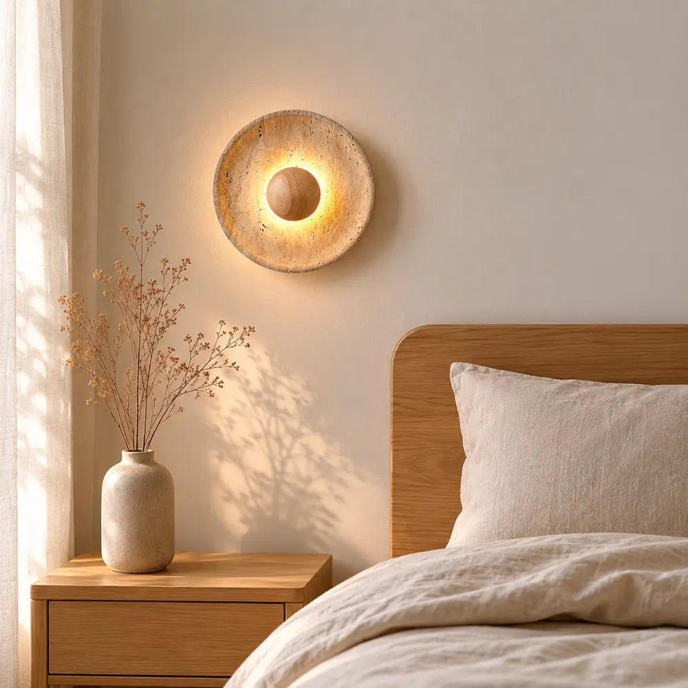 Applique murale design disque en travertin & bois LED | Stona