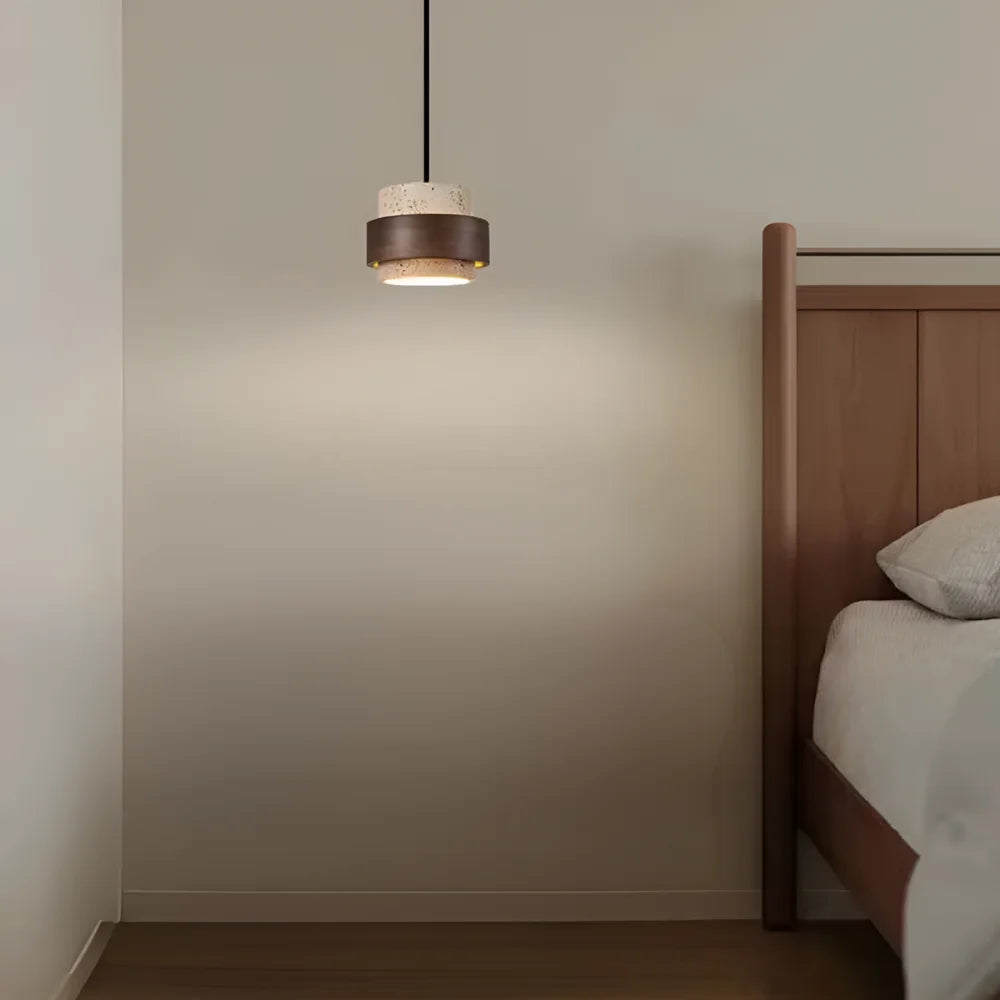 Suspension en Pierre naturelle de Travertin & Bois Ø 20 cm | Frya