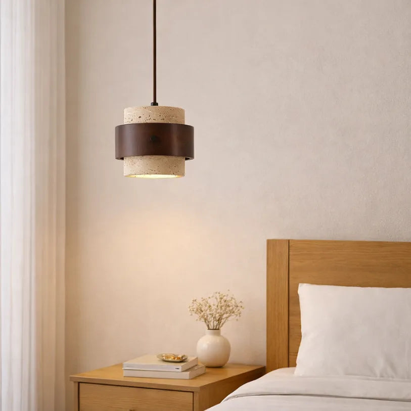 Suspension en Pierre naturelle de Travertin & Bois Ø 20 cm | Frya