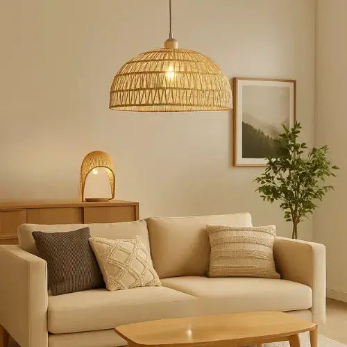 Suspension Malia en osier naturel – luminaire scandinave au-dessus d’un canapé beige dans un salon chaleureux. 