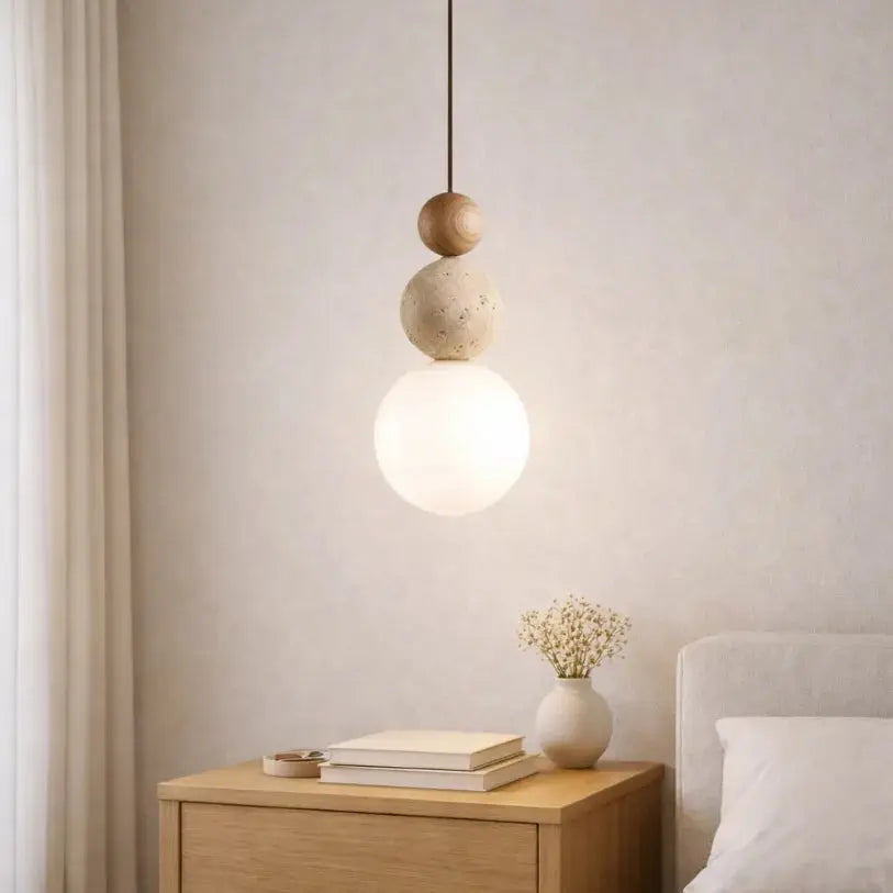 Suspension design nordique en pierre de travertin & bois | Eiken NORDSIA