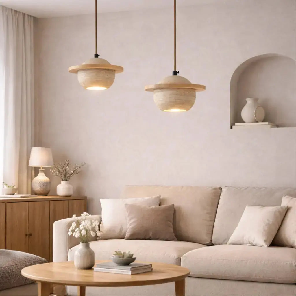 Suspension en Pierre naturelle de Travertin & Bois Ø 20 cm | Svala NORDSIA