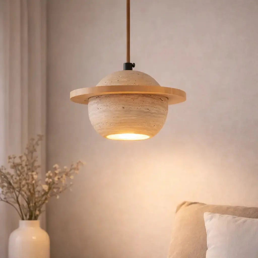 Suspension en Pierre naturelle de Travertin & Bois Ø 20 cm | Svala NORDSIA