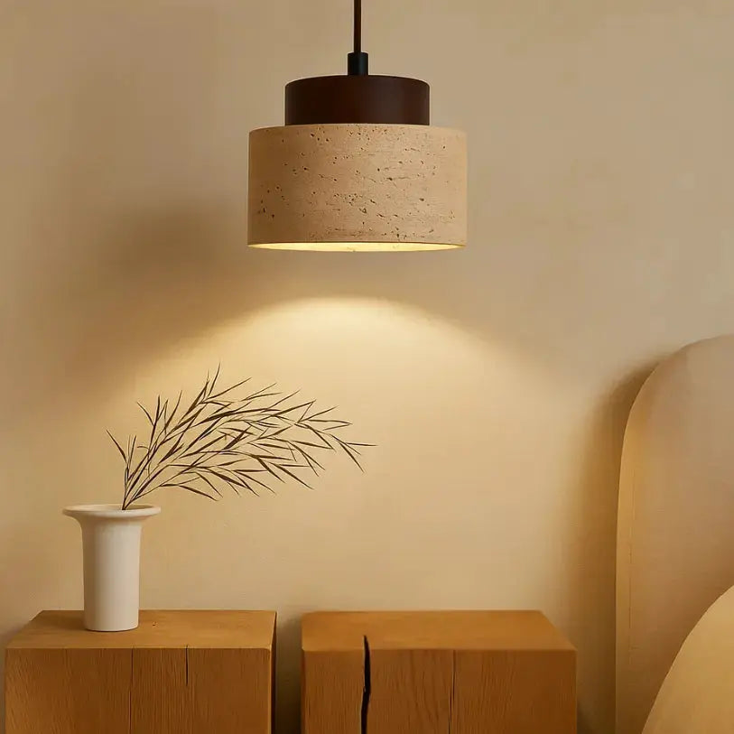 Suspension design moderne en pierre de travertin & bois | Lumi NORDSIA