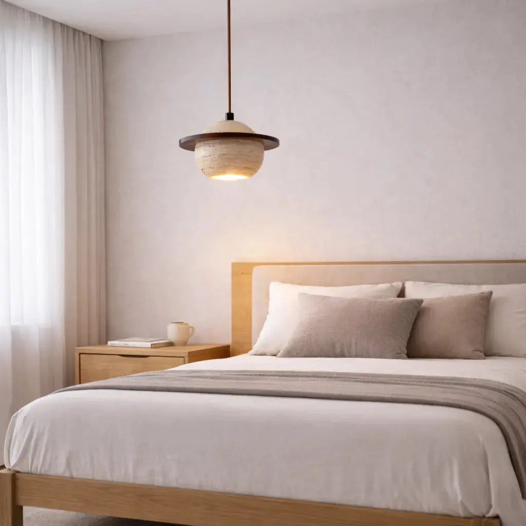 Suspension en Pierre naturelle de Travertin & Bois Ø 20 cm | Svala NORDSIA