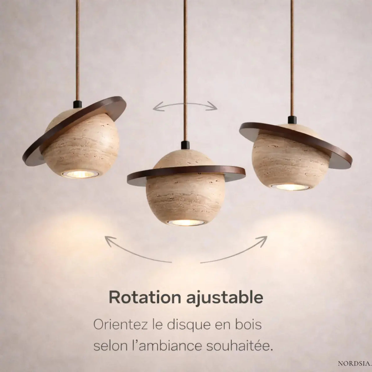 Suspension en Pierre naturelle de Travertin & Bois Ø 20 cm | Svala NORDSIA